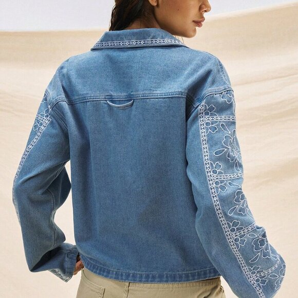 Blue Casual Women's Flower Embroidery Denim Jacket - Picture 11 of 11